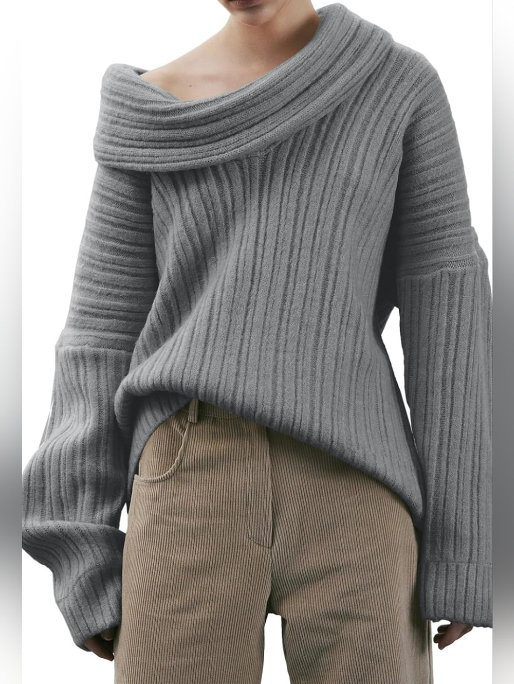 Cozy Off-Shoulder Ribbed Sweater - Gray, Size Large, NWT